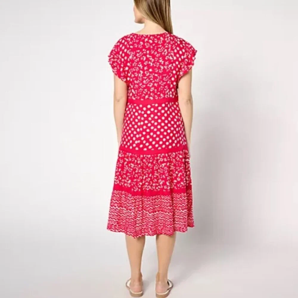 Dennis Basso Mixed Print Rayon Tiered Dress Rasberry A644399